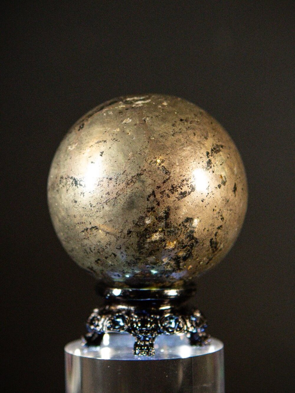 NWT 62mm Natural Pyrite Sphere (520g) & Black Ornate Display Stand